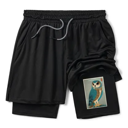 Tokyo-Tiger Vintage Owl Woodblock Art Training Shorts