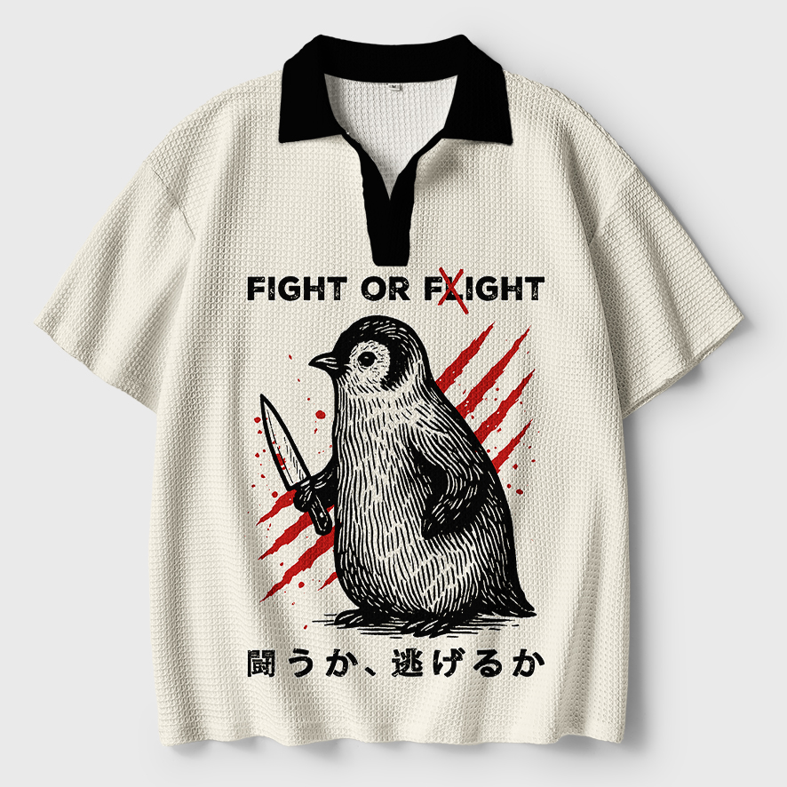 Tokyo-Tiger Woodblock Penguin:Fight Or Flight Crochet Polo Shirt