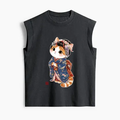 Tokyo-Tiger Cat Dressed As A Geisha Funny Women's Washed Tank Tops