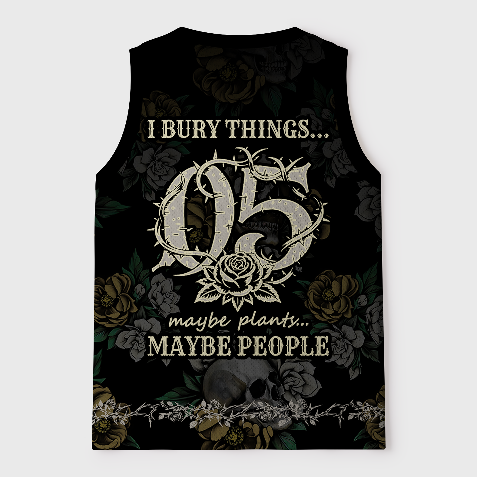 Tokyo-Tiger "I Bury Things" Dark Humor Gardening Crow Mesh Tank Top