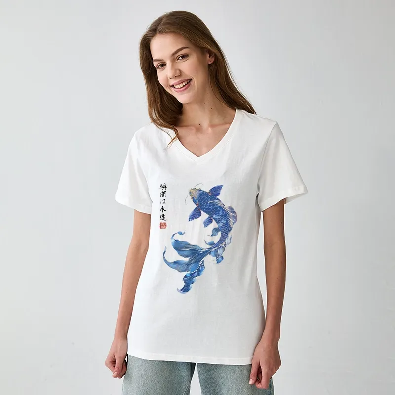 Tokyo-Tiger Lucky Blue Koi Fish Art V-Neck Classic T-Shirt