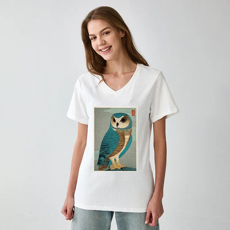 Tokyo-Tiger Vintage Owl Woodblock Art V-Neck Classic T-Shirt