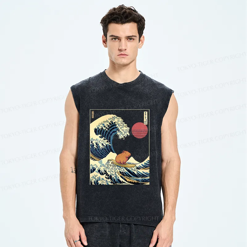Tokyo-Tiger Capybara Surfing Washed Tank