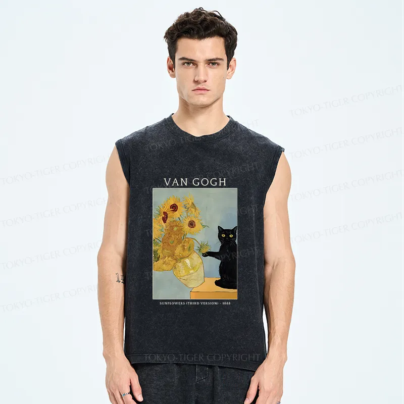 Tokyo-Tiger Black Cat With Sunflowers Washed Tank