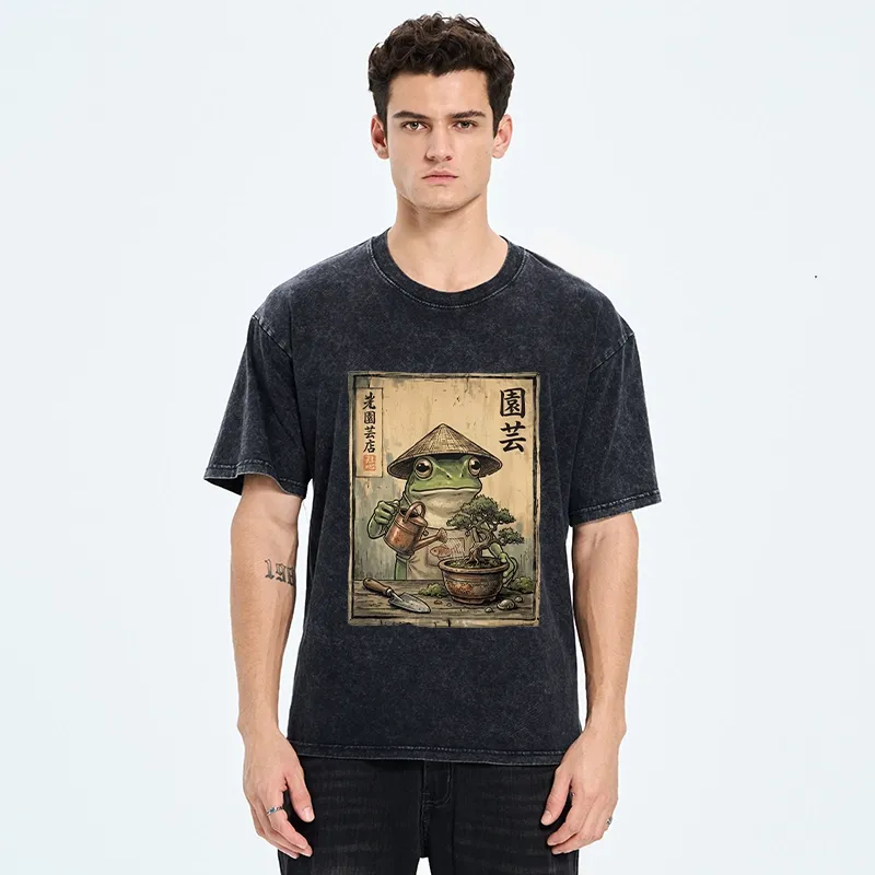 Tokyo-Tiger Frog Takes Good Care Of Bonsai Washed T-Shirt