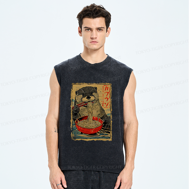 Tokyo-Tiger Otter Eating Ramen Japan Washed Tank