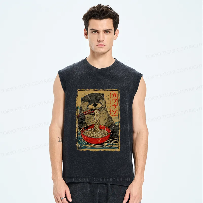 Tokyo-Tiger Otter Eating Ramen Japan Washed Tank