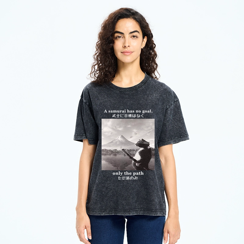 Tokyo-Tiger Samurai Cat At Mount Fuji Washed T-Shirt