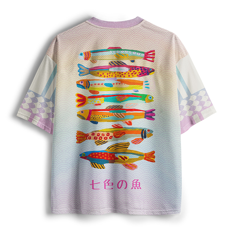 Tokyo-Tiger Colorful Fish Folk Art Print Mesh Jersey