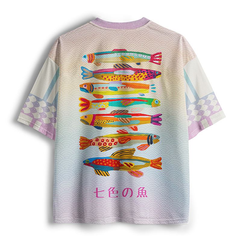 Tokyo-Tiger Colorful Fish Folk Art Print Mesh Jersey