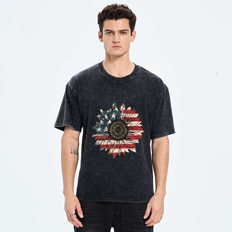 Tokyo-Tiger American Flag Sunflower Art Print Washed T-Shirt