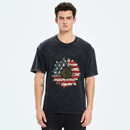 Tokyo-Tiger American Flag Sunflower Art Print Washed T-Shirt