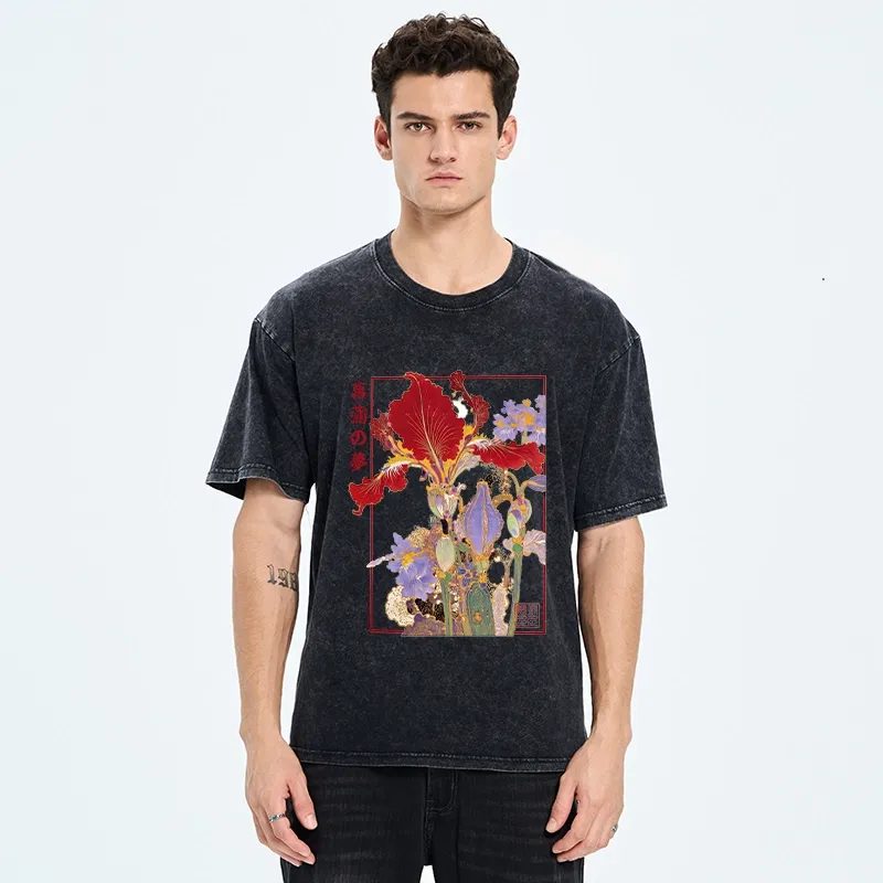 Tokyo-Tiger Antique Japanese Iris Flower Painting Washed T-Shirt