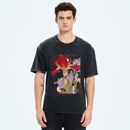 Tokyo-Tiger Antique Japanese Iris Flower Painting Washed T-Shirt
