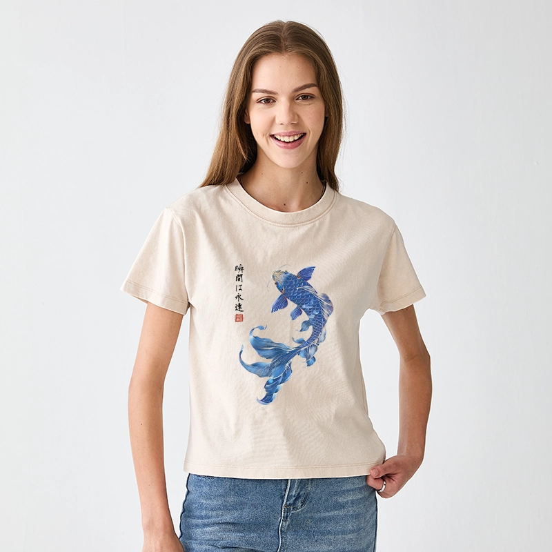 Tokyo-Tiger Lucky Blue Koi Fish Art Women's Washed T-shirt