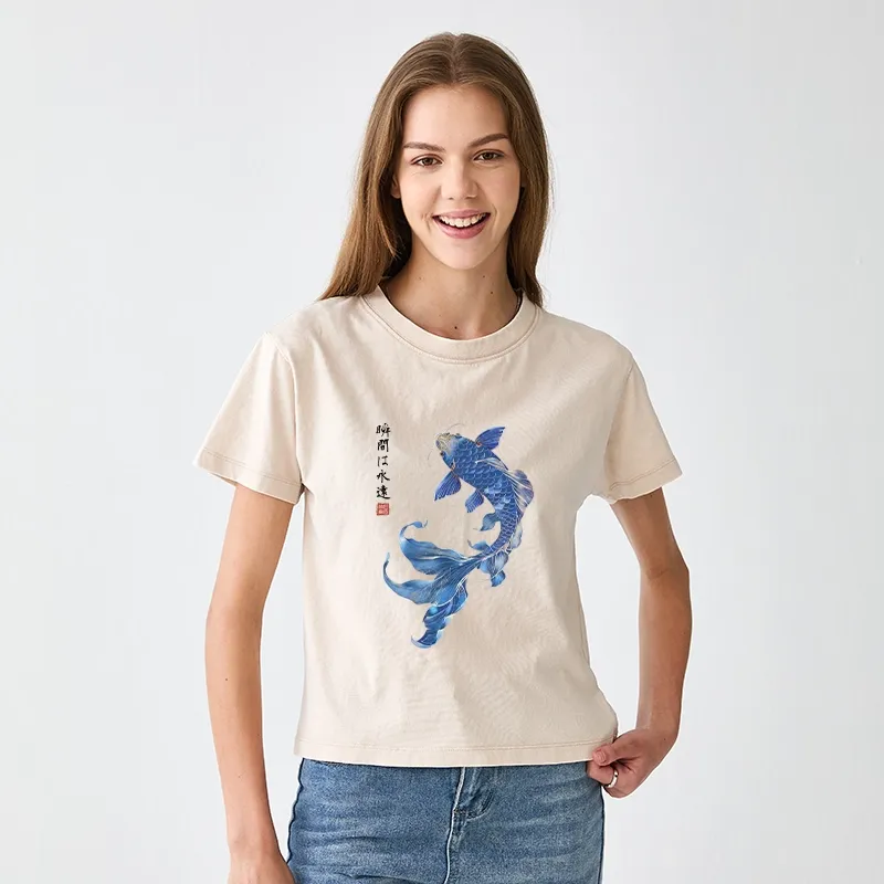 Tokyo-Tiger Lucky Blue Koi Fish Art Women's Washed T-shirt