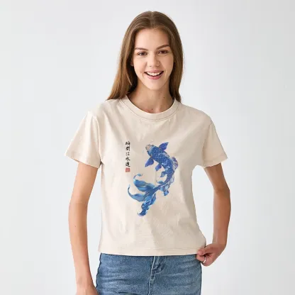Tokyo-Tiger Lucky Blue Koi Fish Art Women's Washed T-shirt