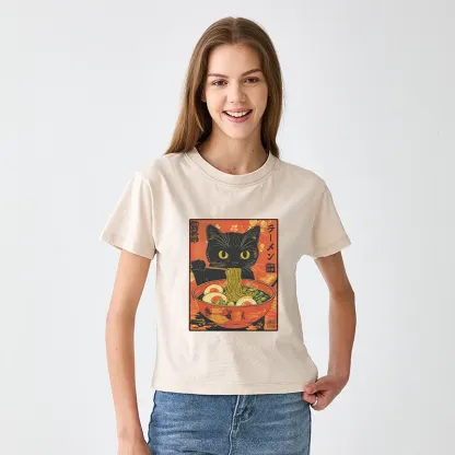 Tokyo-Tiger Hungry Black Cat Loves Ramen Women's Washed T-shirt