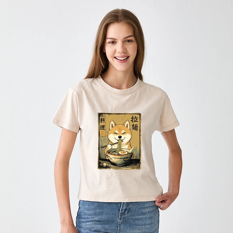 Tokyo-Tiger Happy Shiba Eating Ramen Women's Washed T-shirt