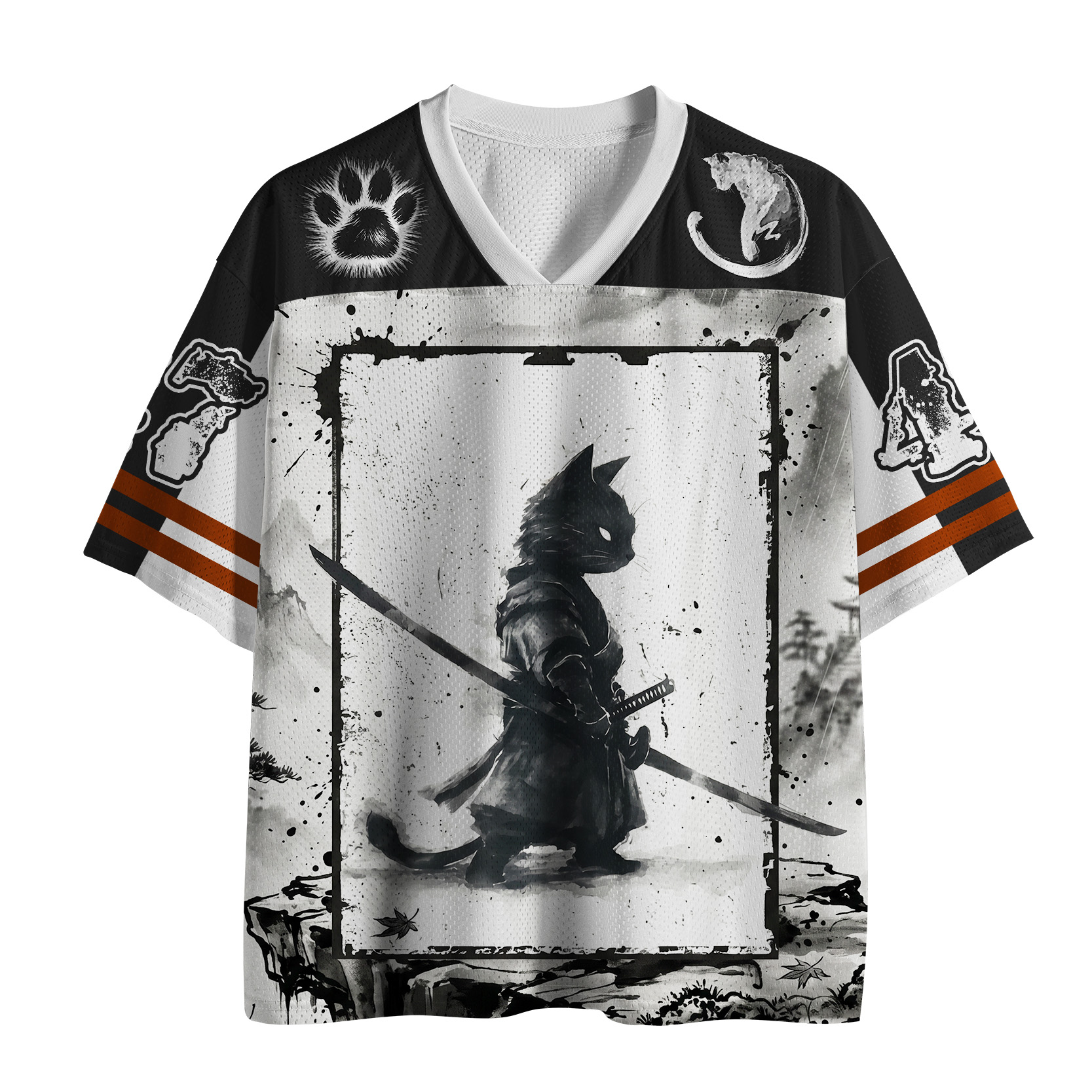 Tokyo-Tiger Ink Painting:Retro Cat Samurai Japanese Mesh Jersey