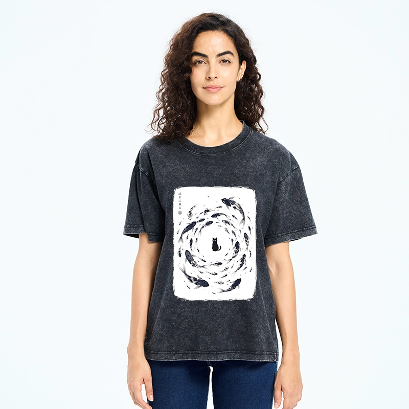 Tokyo-Tiger Traditional Japanese Carp Circle Cat Washed T-Shirt