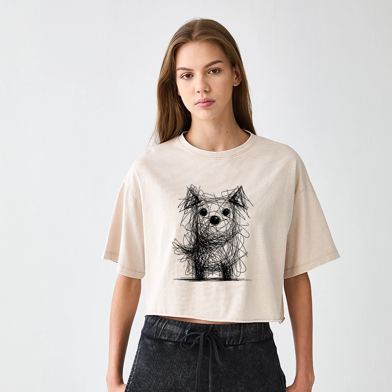 Tokyo-Tiger Scruffy Dog Chaos Art Women's Washed Crop T-Shirt