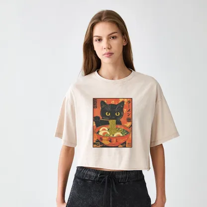 Tokyo-Tiger Hungry Black Cat Loves Ramen Women's Washed Crop T-Shirt