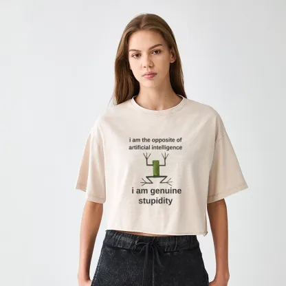 Tokyo-Tiger Genuine Stupidity Frog Meme Women's Washed Crop T-Shirt