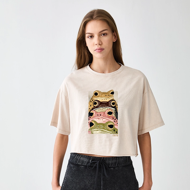 Tokyo-Tiger Whimsical Multi Colored Frog Art Women's Washed Crop T-Shirt