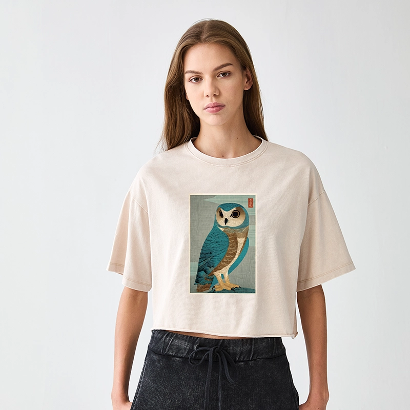 Tokyo-Tiger Vintage Owl Woodblock Art Women's Washed Crop T-Shirt