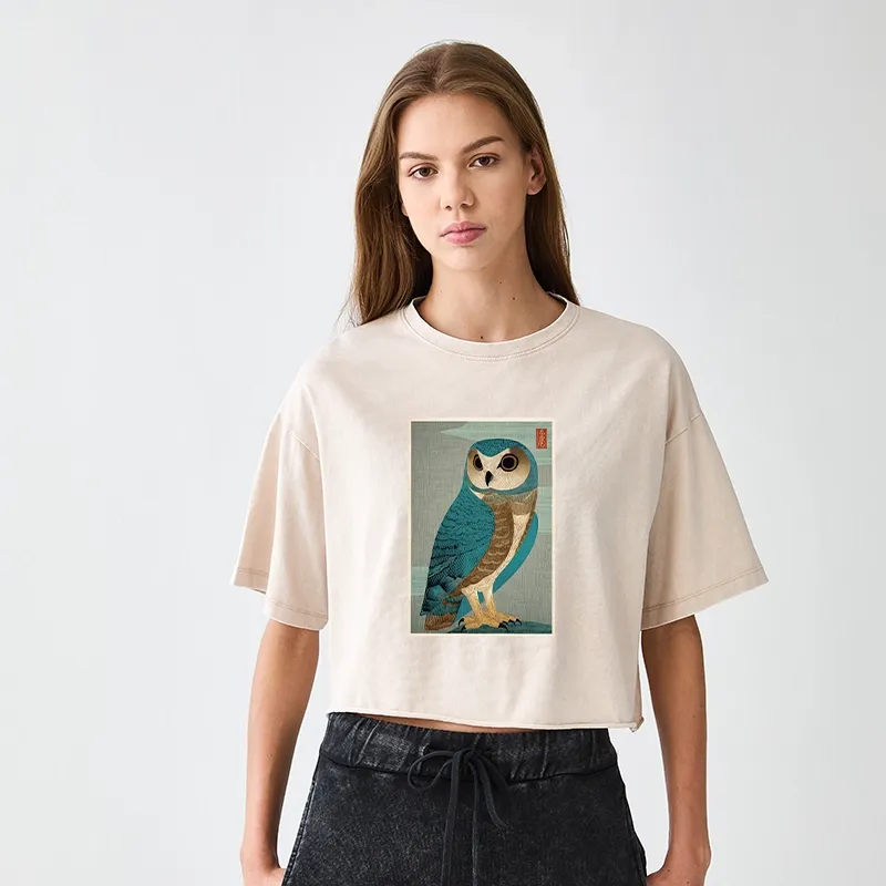 Tokyo-Tiger Vintage Owl Woodblock Art Women's Washed Crop T-Shirt