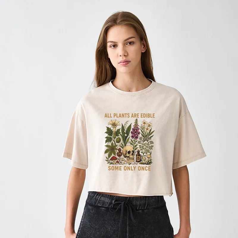 Tokyo-Tiger Edible Plants Some Only Once Joke Women's Washed Crop T-Shirt
