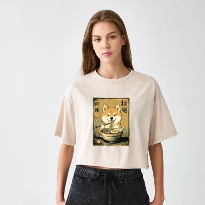 Tokyo-Tiger Happy Shiba Eating Ramen Women's Washed Crop T-Shirt