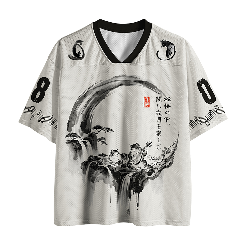 Tokyo-Tiger Cats Playing Biwa In Ink Landscape Mesh Jersey