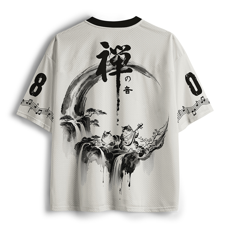 Tokyo-Tiger Cats Playing Biwa In Ink Landscape Mesh Jersey