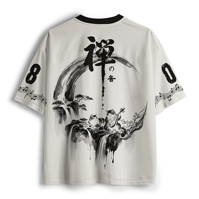 Tokyo-Tiger Cats Playing Biwa In Ink Landscape Mesh Jersey