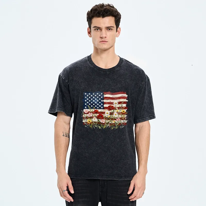 Tokyo-Tiger Floral Accents On Textured Flag Art Washed T-Shirt