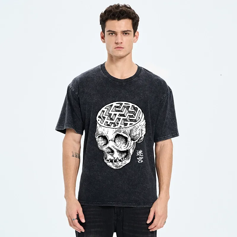 Tokyo-Tiger Skull With Brain Maze Washed T-Shirt