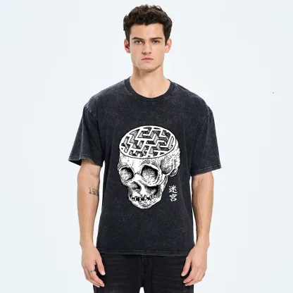 Tokyo-Tiger Skull With Brain Maze Washed T-Shirt