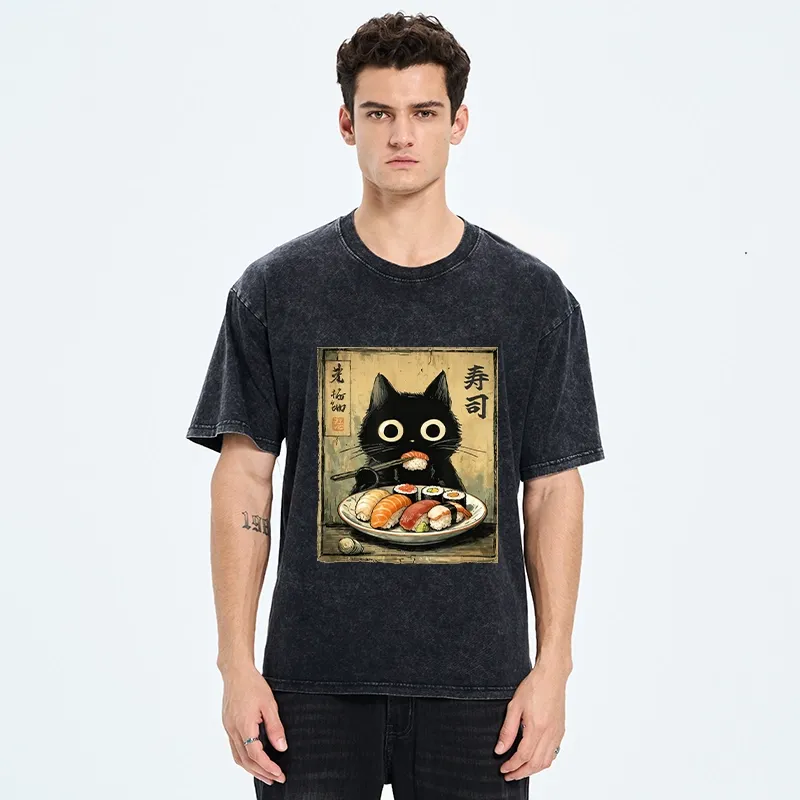 Tokyo-Tiger Vintage Japanese Sushi Cat Washed T-Shirt