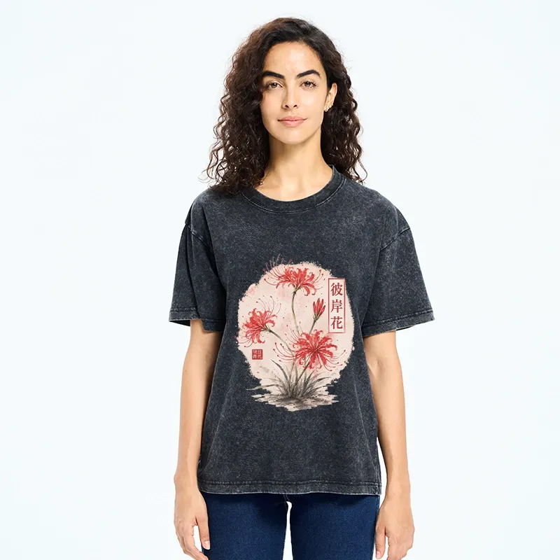 Tokyo-Tiger Red Spider Lily Watercolor Painting Washed T-Shirt