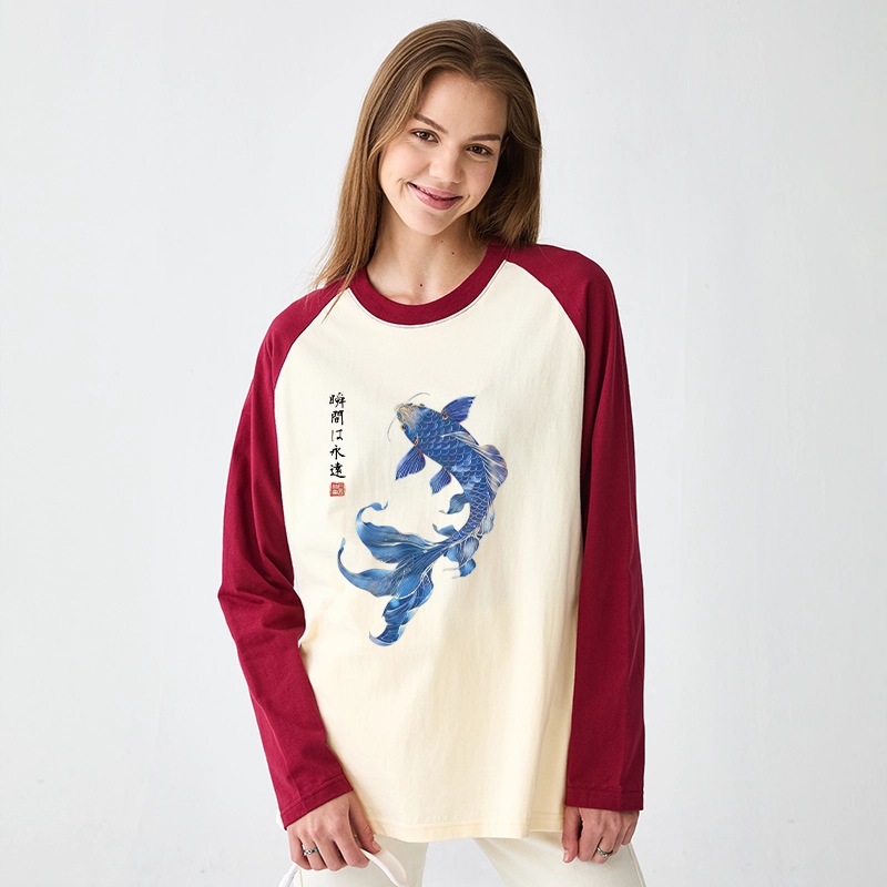 Tokyo-Tiger Lucky Blue Koi Fish Art Raglan Long Sleeve T-shirt