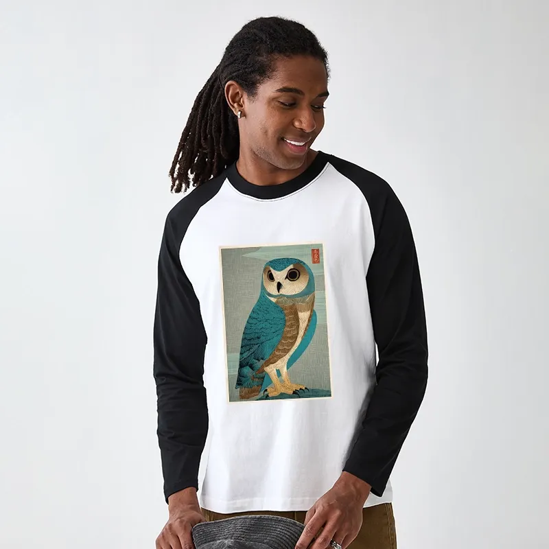 Tokyo-Tiger Vintage Owl Woodblock Art Raglan Long Sleeve T-shirt