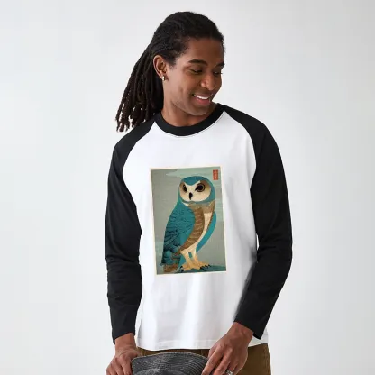 Tokyo-Tiger Vintage Owl Woodblock Art Raglan Long Sleeve T-shirt
