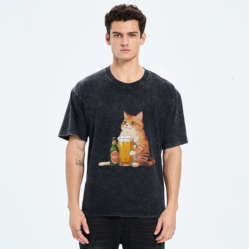 Tokyo-Tiger Funny Beer Cat After Work Washed T-Shirt
