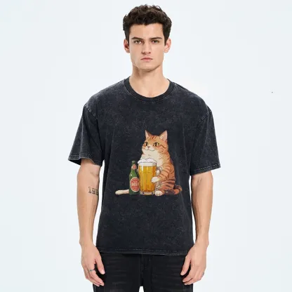 Tokyo-Tiger Funny Beer Cat After Work Washed T-Shirt