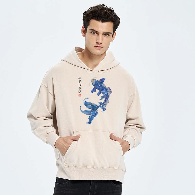 Tokyo-Tiger Lucky Blue Koi Fish Art Washed Hoodie