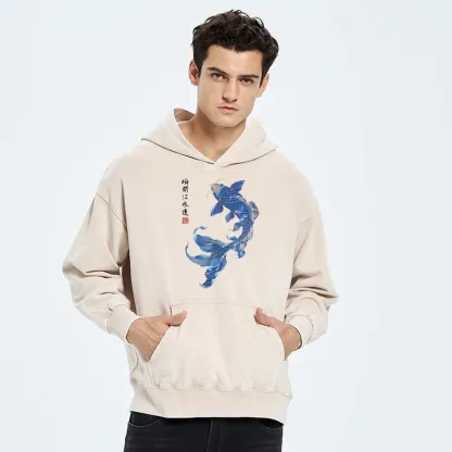 Tokyo-Tiger Lucky Blue Koi Fish Art Washed Hoodie