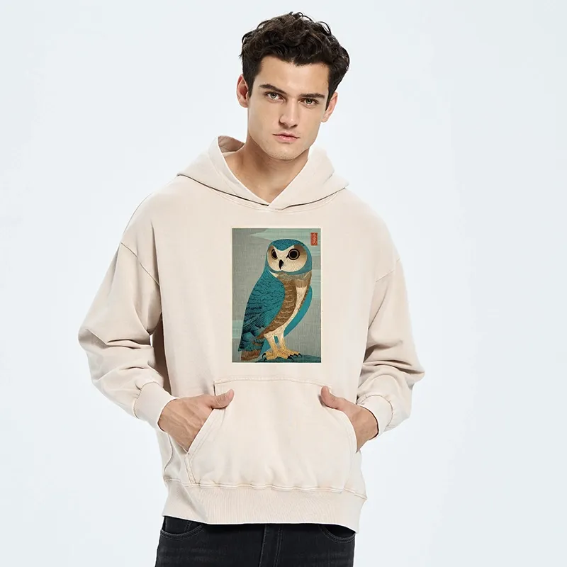 Tokyo-Tiger Vintage Owl Woodblock Art Washed Hoodie