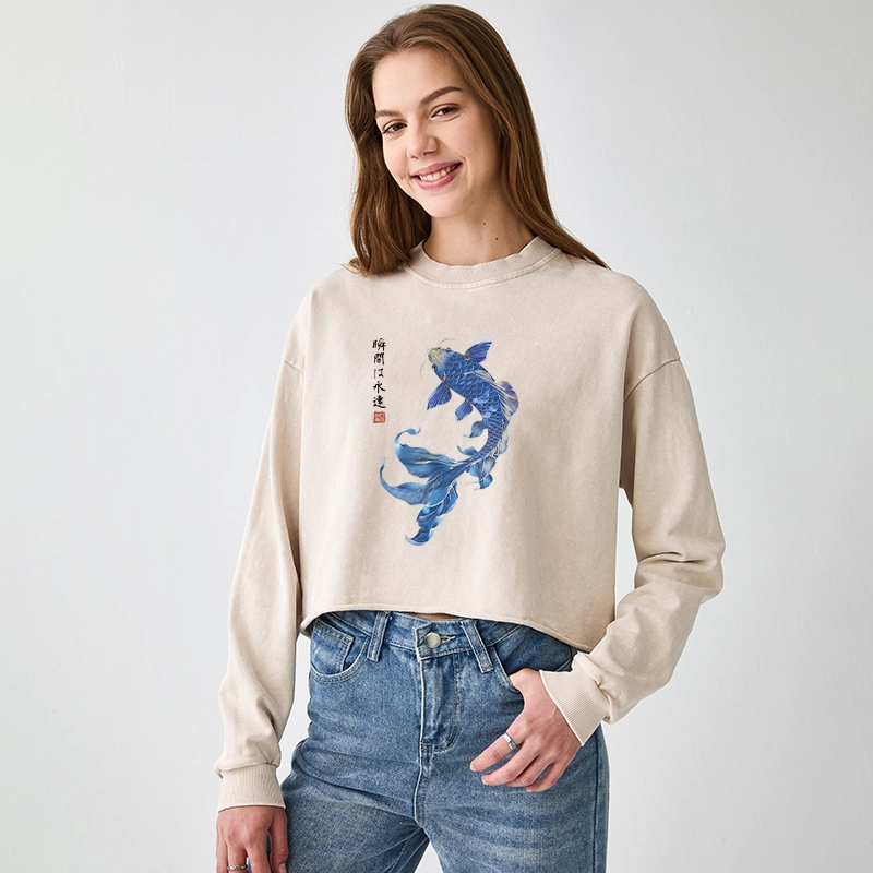 Tokyo-Tiger Lucky Blue Koi Fish Art Washed Crop Sweatshirt